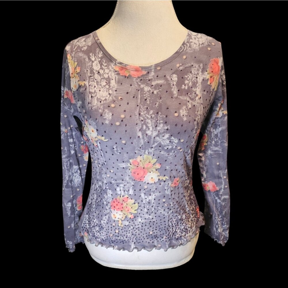 Y2K Gray Semi-sheer Mesh Shirt Long Sleeve Floral Fairy Grunge Whimsigoth‎ Sz L
